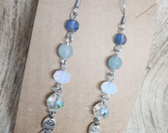 Blaue Ombre Fisch Ohrringe, funkelnder nautischer Edelstahlschmuck