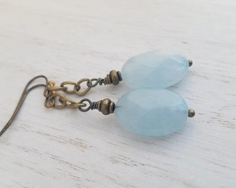 Light Blue Chalcedony Stone Earrings with Antique Brass Hooks, Rustic Blue Faceted Stone and Chain Dangle Earrings, Nickel Free