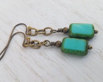 Turquoise Earrings with Antique Gold Brass Hooks, Turquoise Glass and Chain Dangle Earrings, Rectangular earrings Nickel Free