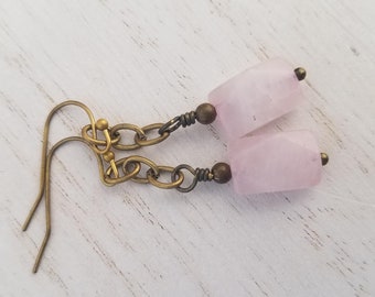 Light Pink Rose Quartz Rectangle Earrings with Antique Brass Hooks, Faceted Rose Stone and Chain Dangle Earrings, October Birthstone