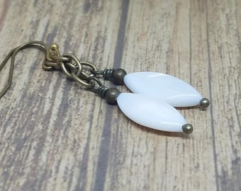 White Shell Marquise Earrings with Antique Brass Hooks, White Oval and Chain Dangle Earrings, Nickel Free