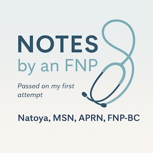 Könnte beinhalten: Eine hellblaue und weiße Grafik mit dem Text "NOTES by an FNP" und einer Stethoskop-Illustration. Darunter steht "Passed on my first attempt" und der Name "Natoya, MSN, APRN, FNP-BC".