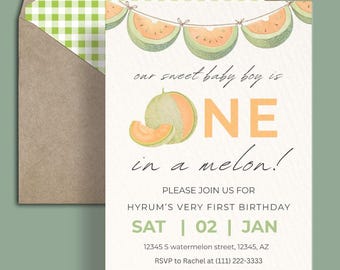 One in a Melon First Birthday Invitation: Editable Cantaloupe Theme (5x7 Printable Template)