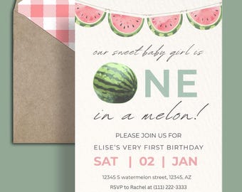 One in a Melon Birthday Invitation: Watermelon Theme, Editable 5x7 (Digital Download)