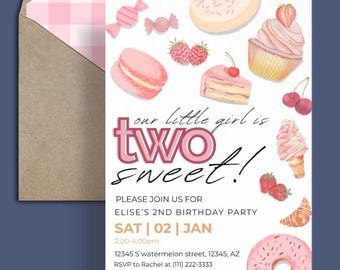Two Sweet Birthday Invitation: Donut Party, Pink Theme (5x7 Template)
