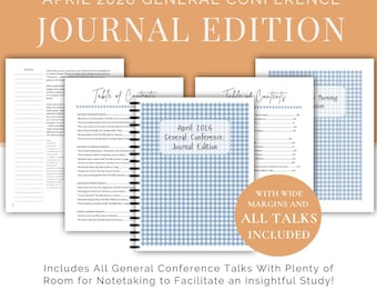 April 2026 General Conference Journal (With Talks) | Dusty Blue Gingham Design | Printable PDF