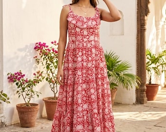 Vestido de verano de algodón con estampado de bloques hecho a mano: vestido bohemio sin mangas con volantes