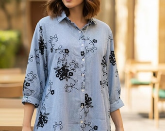刺繍入り花柄シャツドレス：ストライプコットンボタンダウンチュニック
