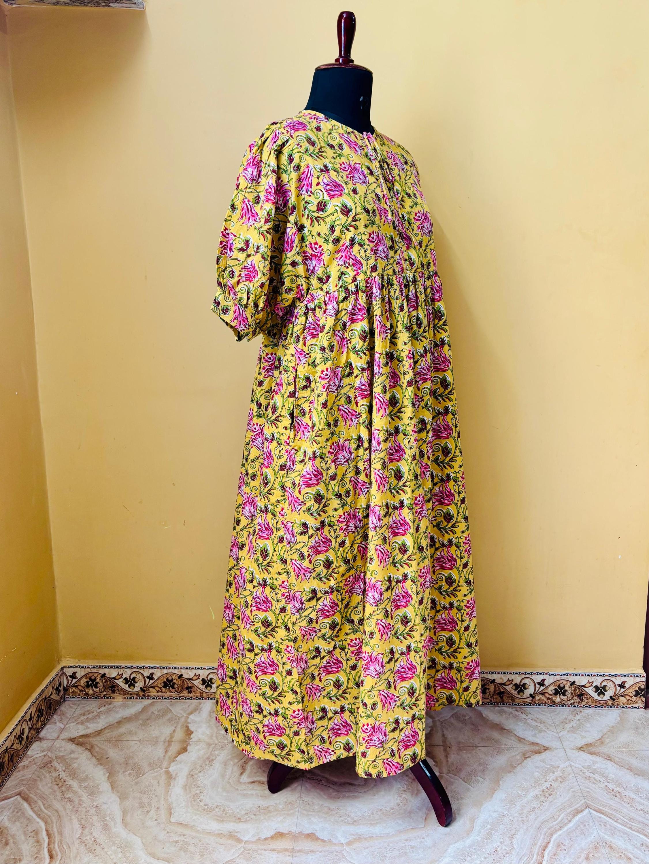 Sleeve Casual Floral Dresses Handmade Cotton Floral Maxi Dress, Indian Summer Sundress Sleeve Casual Floral Dresses Handmade Cotton Floral Maxi Dress, Indian Summer Sundress