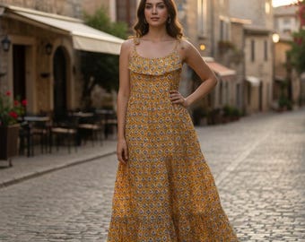 Vestido de verano de algodón con estampado de bloques hecho a mano: vestido bohemio sin mangas con capas