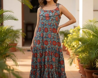 Vestido veraniego de algodón con estampado de bloques: vestido bohemio sin mangas con capas