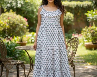 Vestido de verano de algodón con estampado de bloques hecho a mano: vestido bohemio sin mangas con capas