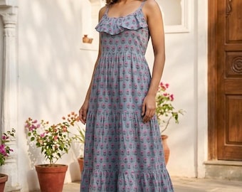 Vestido de verano de algodón con estampado de bloques hecho a mano: vestido bohemio sin mangas con volantes