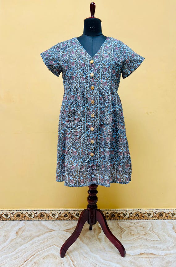 Floral Block Print Cotton Summer Dress - Indian Comfort Wear