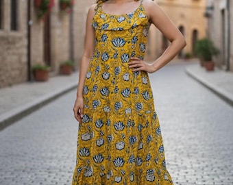 Vestido de verano de algodón con estampado de bloques hecho a mano: vestido bohemio sin mangas con capas