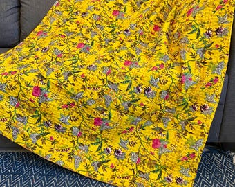 Yellow Floral Kantha Quilt Pure Cotton Kantha Throw Blanket Bedspread Coverlet Kantha Bed Cover Boho Indian Hippie Quilt