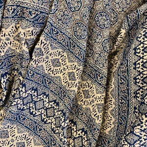 May include: Close-up of a fabric with a repeating pattern in navy blue and off-white. The design features geometric shapes, floral motifs, and decorative borders. The fabric is draped, showing the texture and folds.