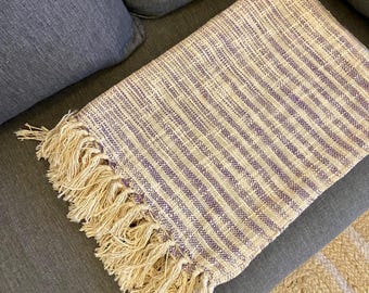 Purple Striped Cotton Throw Blanket, Handmade Indian Woven Sofa Throw, Boho Reversible Bedspread, Cream Fringe Blanket