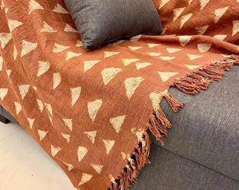 Bohobruine geometrische katoenen deken, boerderijdecor blokprint plaid, Indiase handgemaakte katoenen sprei, decoratieve bankdeken