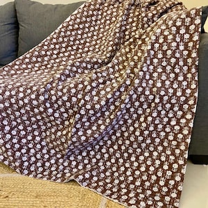 Brown Hand-Printed Queen Kantha Quilt