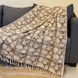 Hand Block Printed Floral Handmade Cotton Throw Blanket Brown Indian Minimalist Sofa / Couch Cozy Blanket