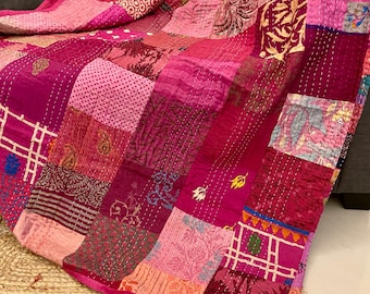 Boho Silk Patchwork Kantha Quilt Indian Vintage Silk Kantha Bedcover