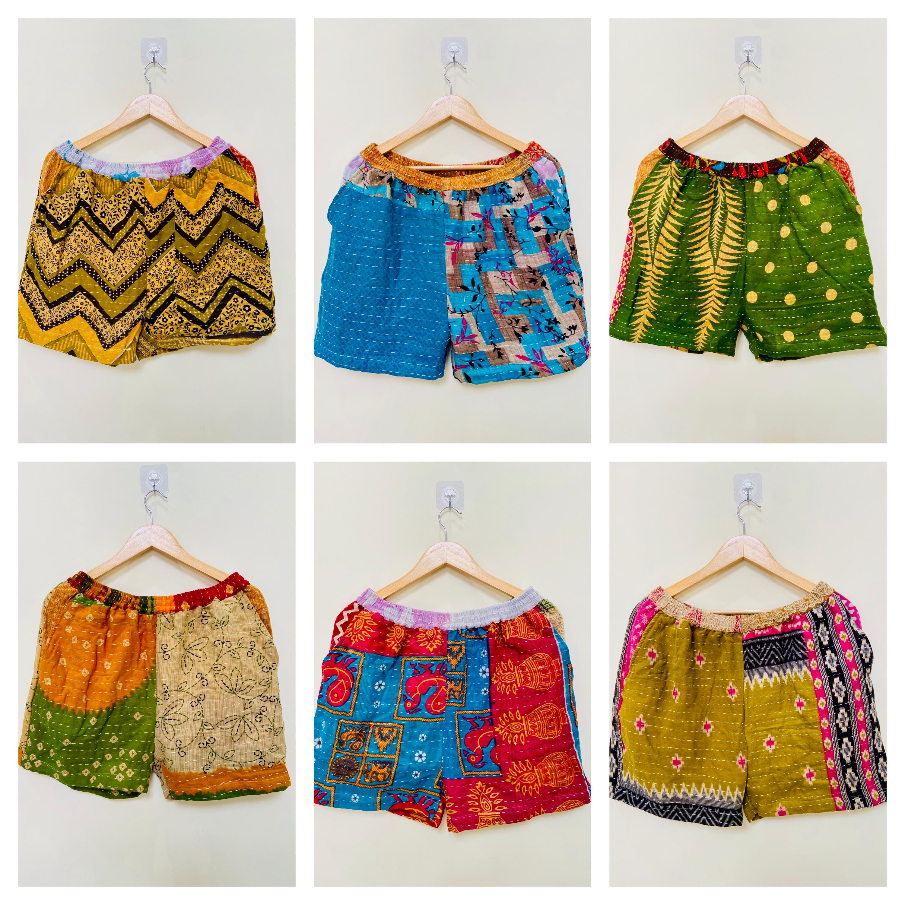 Handmade Kantha Shorts, Vintage Recycled Cotton Boho Unisex Shorts