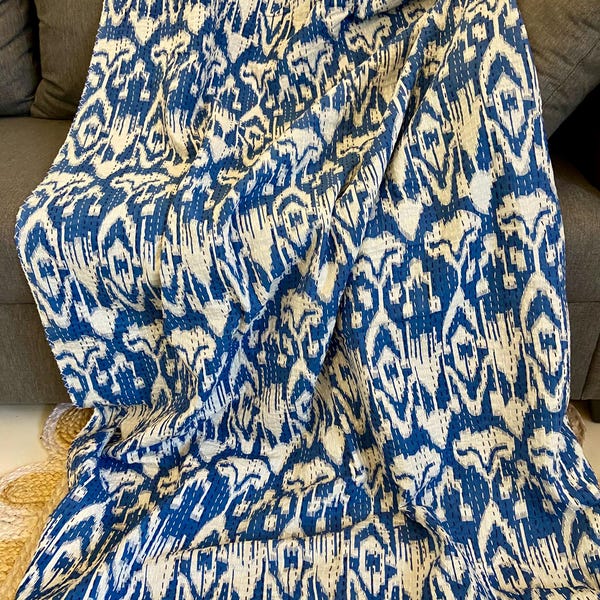 Royal Blau Ikat Hand Block Gedruckt Queen Kantha Quilt