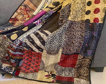 Indian Handmade Silk Patchwork Kantha Quilt Bohemian Bedspread Blanket Throw