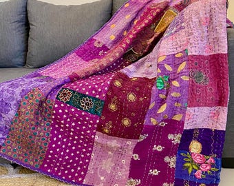 Edredom Queen Kantha de algodão vintage feito à mão com patchwork