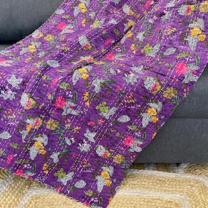 Purple Floral Kantha Quilt Pure Cotton Kantha Throw Blanket Bedspread Coverlet Kantha Bed Cover Boho Indian Hippie Quilt