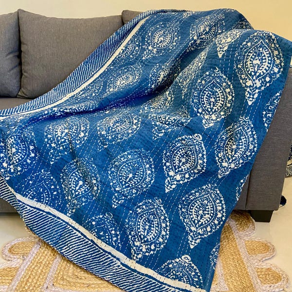 Stonewashed Indigo Queen Kantha Bettdecke