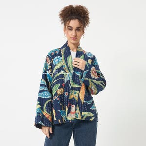 Blue Peacock Kantha Jacket, Handmade Cotton Quilted Coat, Navy Floral Boho Jacket, Indian Artisan Clothing, Women’s Sizes XS–3XL