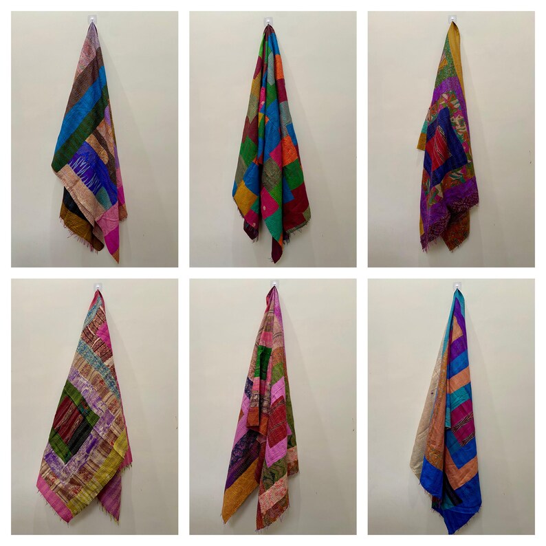 Écharpe Kantha Réversible En Soie Fait Main - Vintage Indienne Brodée Bohème
