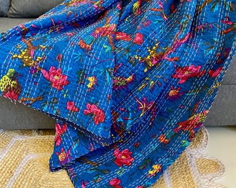 Edredón Kantha Blue Sparrow, manta Kantha de algodón puro, cubrecama, funda de cama Kantha, edredón bohemio indio hippie