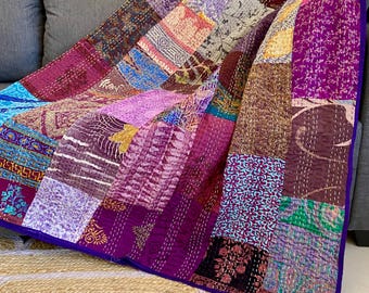 Boho Silk Patchwork Kantha Quilt, Handmade Indian Sari Blanket, Colourful Reversible Bedspread, Vintage Textile Throw, Unique Home Decor