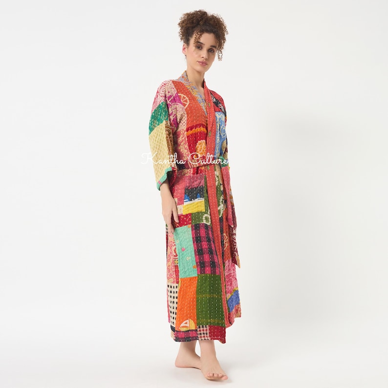 Vintage Patchwork Kantha Robe, Reversible Cotton Kimono, Handmade Boho ...