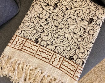 Black Floral Hand Block Print Cotton Throw Blanket, Brown Border Boho Sofa Throw, 50x70
