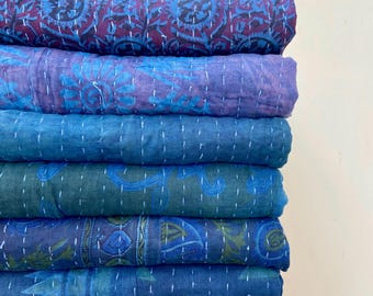 Wholesale Lot Hand Dyed Indigo Cotton Kantha Quilts Blue Reversible Indian Vintage Kantha Bedspread Throws Unique Blankets