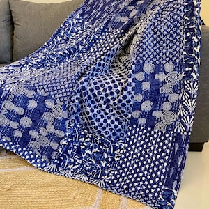 Indigo Blue Patchwork Handmade Cotton Kantha Quilt Indian Reversible Boho Kantha Bedcover
