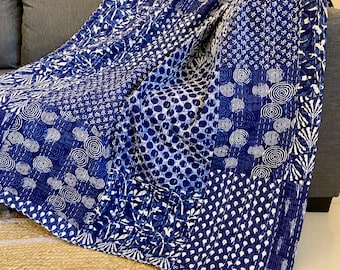 Indigo Blue Patchwork Handmade Cotton Kantha Quilt Indian Reversible Boho Kantha Bedcover