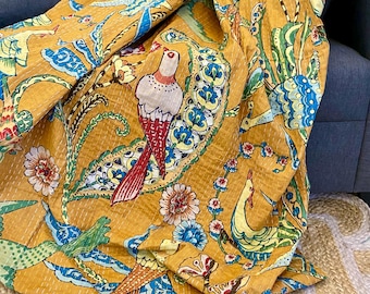 Mustard Yellow Peacock Kantha Quilt Pure Cotton Kantha Throw Blanket Bedspread Coverlet Kantha Bed Cover Boho Indian Hippie Quilt