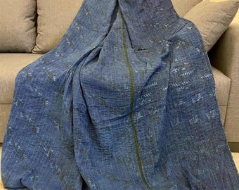 Indigo Kantha Quilt, Hand Dyed Vintage Cotton Bedspread, Reversible Twin Quilt, Blue Indian Throw, Boho Kantha Blanket