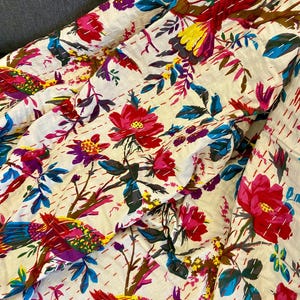White Sparrow & Flowers Kantha Quilt Pure Cotton Kantha Throw Blanket Bedspread Coverlet Kantha Bed Cover Boho Indian Hippie Quilt