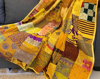 Couvre-lit kantha en soie patchwork indien vintage Patola jeté de couette kantha en soie fait main