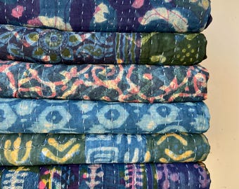 Wholesale Lof Hand Block-Printed Indigo Vintage Cotton Kantha Quilts Boho Reversible Blue Kantha Bedspread Throws