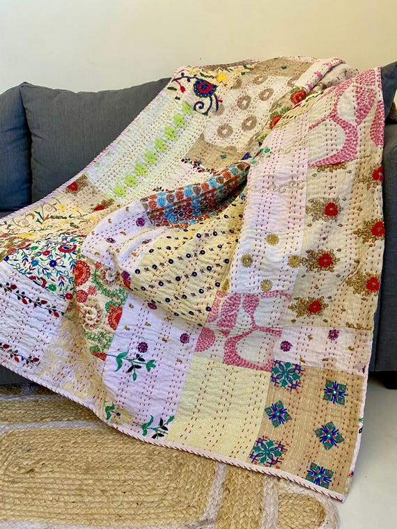 Khambadiya Vintage Embroidered Patchwork Queen Kantha Quilt