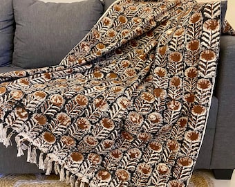 Brown Floral Hand Block Print Cotton Throw Blanket with Fringe