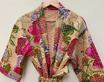 Beige Handmade Cotton Kantha Kimono Robe