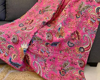 Pink Wildflower Kantha Quilt Hand Block Pritned Indian Reversible Boho Kantha Bedspread Throw